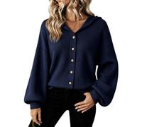 Camicetta da donna a coste con cappuccio e bottoni, oversize, a maniche lunghe, per il tempo libero, blu navy, M