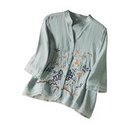 Camicetta da donna a maniche 3/4, oversize, in lino, a maniche lunghe, con scollo a V, con scollo a V, camicetta Cheongsam, a maniche lunghe, con motivo floreale, per il tempo libero, Azzurro, 3XL