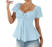 Camicetta da donna a maniche corte con volant, scollo a V profondo, sexy, con coulisse, in lino, tinta unita, scollo a V, per il tempo libero, Celeste., S
