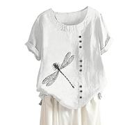 Camicetta da donna a maniche corte, elegante, a maniche corte, in cotone e lino, per il tempo libero, taglie forti, maglietta estiva, bianco, L