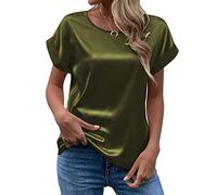 Camicetta da donna a maniche corte in raso, casual, ampia, girocollo, in seta, maniche arrotolabili, taglie S-XXL, GN1., L