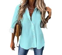 Camicetta da donna a maniche lunghe, con bottoni, alla moda, con scollo a V, colore verde acqua chiara, casual, Stile-41, XL
