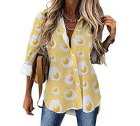 Camicetta da donna a maniche lunghe, con bottoni, carina, color giallo uovo fritto, alla moda, con scollo a V, camicetta casual da donna, Stile-33, L