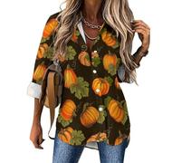Camicetta da donna a maniche lunghe, con bottoni, con foglie d'acero, alla moda, scollo a V, camicetta casual da donna, Stile 17., L