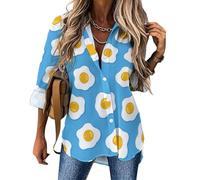 Camicetta da donna a maniche lunghe, con bottoni, con grazioso uovo fritto, turchese, alla moda, con scollo a V, camicetta casual da donna, Stile-34, L
