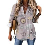 Camicetta da donna a maniche lunghe, con bottoni, stile safari, alla moda, con scollo a V, stile casual, Stile 25., XL