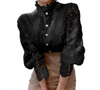 Camicetta Da Donna A Maniche Lunghe Con Finiture In Pizzo Camicie Vittoriane Eleganti Top Da Lavoro Casual Boho Primaverili (Nero,2XL)