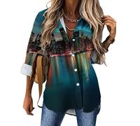 Camicetta da donna a maniche lunghe con scollo a V e skyline di Manhattan di notte di New York City, Stile:, L