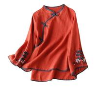 Camicetta da donna a maniche lunghe con scollo a V in stile cinese asimmetrico con rane e bottoni camicie con ricamo floreale per ragazze adolescenti maniche a campana cotone lino come tunica top