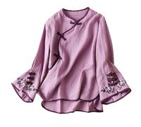 Camicetta da donna a maniche lunghe con scollo a V in stile cinese asimmetrico con rane e bottoni camicie con ricamo floreale per ragazze adolescenti maniche a campana cotone lino come tunica top
