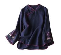 Camicetta da donna a maniche lunghe con scollo a V in stile cinese asimmetrico con rane e bottoni camicie con ricamo floreale per ragazze adolescenti maniche a campana cotone lino come tunica top