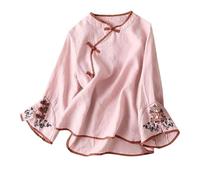 Camicetta da donna a maniche lunghe con scollo a V in stile cinese asimmetrico con rane e bottoni camicie con ricamo floreale per ragazze adolescenti maniche a campana cotone lino come tunica top