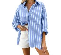 Camicetta da donna a maniche lunghe elegante scollo a V vestibilità ampia tunica per ufficio vacanze estate per il tempo libero S-XXL (blu XL)