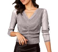 Camicetta da donna a maniche lunghe in filato lucido con effetto rete Crinkle, elegante top basic per tutti i giorni e per il tempo libero 2026, grigio., XXL