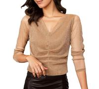 Camicetta da donna a maniche lunghe in filato lucido con effetto rete Crinkle, elegante top basic per tutti i giorni e per il tempo libero 2026, cachi, XL