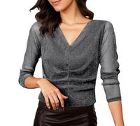 Camicetta da donna a maniche lunghe in filato lucido con effetto rete Crinkle, elegante top basic per tutti i giorni e per il tempo libero 2026, Nero , XL
