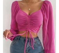 Camicetta da donna a maniche lunghe profondo scollo a V chiffon patchwork coulisse manica lanterna attillata in vita casual top per primavera vita quotidiana nero (XL rosso)