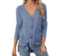 Camicetta da donna a maniche lunghe, tinta unita, a maniche lunghe, maglione lavorato a maglia, aperto sul davanti, con bottoni, capispalla allentato con nodo frontale, vestiti per la vita quotidiana