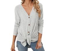 Camicetta da donna a maniche lunghe, tinta unita, a maniche lunghe, maglione lavorato a maglia, aperto sul davanti, con bottoni, capispalla allentato con nodo frontale, vestiti per la vita quotidiana