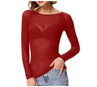Camicetta da donna a maniche lunghe trasparenti senza cuciture maniche a pipistrello, Colore: rosso, XL