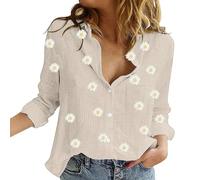 Camicetta da donna a pois, casual, a maniche lunghe, con scollo a V, con bottoni, basic, a tunica, con glitter, beige., XXL