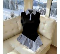 Camicetta da donna a righe bianche e nere senza maniche 2 in 1, camicia patchwork chic senza sforzo per l'estate, top outfit per la scuola, il ritorno a scuola e l'ufficio L,M,S,XLGeometricoTessuto in