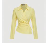 Camicetta da donna a righe gialle e bianche con colletto alla coreana, maniche lunghe con risvolto, adatta per l'ufficio, casual business, stile anni '90, autunno, casual business, ritorno a scuola, c