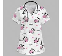 Camicetta da donna a scollo a V bianca a maniche corte con doppia tasca, con stampa carina di animali, come mucca e cuore, adatta come uniforme da infermiera/dottoressa, uniforme da lavoro per toelett
