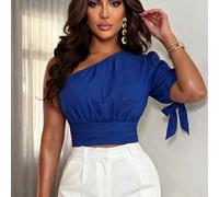 Camicetta da donna alla moda, con colletto obliquo monospalla, vita con laccio, maniche con orlo, romantica ed elegante, adatta per casual, ufficio, appuntamenti, feste e cene, primavera/estate L,M,S,