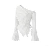 Camicetta da donna alla moda con maniche a campana e scollatura scoperta irregolare camicia allentata per estate, autunno, inverno, vacanze, viaggi, S-XXL (bianco XL)