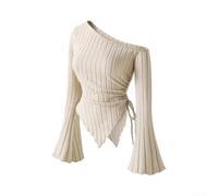 Camicetta da donna alla moda con maniche a campana, scollatura scoperta, irregolare, camicia allentata per estate, autunno, inverno, vacanze, viaggi, S-XXL (beige, M)