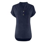 Camicetta da donna alla moda in cotone e lino, a maniche corte, con bottoni, scollo a V, comoda, casual, fluida, per le vacanze, camicetta top, Marina Militare, S