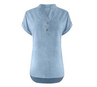 Camicetta da donna alla moda in cotone e lino, a maniche corte, con bottoni, scollo a V, comoda, casual, fluida, per le vacanze, camicetta top, blu cielo, M