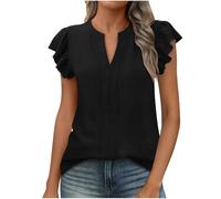 Camicetta da donna alla moda, tinta unita, a maniche corte, con scollo a V, elegante, a maniche corte, a tunica, estiva, vestibilità normale, per feste, casual, da donna, Nero , S
