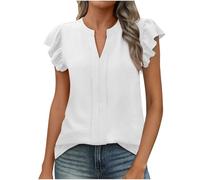Camicetta da donna alla moda, tinta unita, a maniche corte, con scollo a V, elegante, a maniche corte, a tunica, estiva, vestibilità normale, per feste, casual, da donna, bianco, S