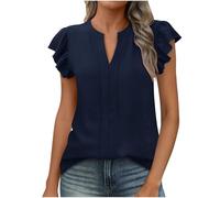 Camicetta da donna alla moda, tinta unita, a maniche corte, con scollo a V, elegante, a maniche corte, a tunica, estiva, vestibilità normale, per feste, casual, da donna, Blu marino, S