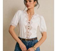 Camicetta da donna bianca 100% cotone, elegante top cottagecore con scollo a V smerlato, bordi in pizzo e maniche a palloncino, top estivo vintage con ricamo a occhiello per tea festa e spiaggia L,M,S