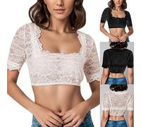 Camicetta da donna bianca Dirndl, a maniche corte, elegante camicetta Dirndl in pizzo con colletto quadrato, camicetta tradizionale Dirndl, camicetta in pizzo bavarese per Oktoberfest