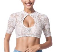 Camicetta da donna bianca Dirndl camicetta da donna in pizzo, elegante camicia tradizionale Dirndl con bottoni, a maniche corte, trasparente, per Oktoberfest