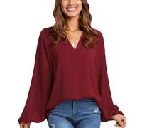 Camicetta da Donna Camicia a Maniche Lunghe Top a Tunica Casual Top con Scollo a V Tinta Unita Eleganti Magliette Larghe Top Top Moda (B-Rosso/XL)