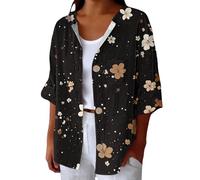 Camicetta da donna casual con stampa floreale a 3/4, maniche a 3/4, top estivo con bottoni e tasca, Nero , 3XL