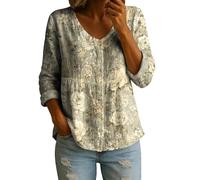 Camicetta da donna casual con stampa floreale con scollo a V, con bottoni, maniche arrotolabili, leggera, in cotone e lino, top estivo per le donne, C-verde chiaro., M