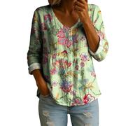 Camicetta da donna casual con stampa floreale con scollo a V, con bottoni, maniche arrotolabili, leggera, in cotone e lino, top estivo per le donne, H-verde chiaro, S