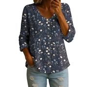 Camicetta da donna casual con stampa floreale con scollo a V, con bottoni, maniche arrotolabili, leggera, in cotone e lino, top estivo per le donne, D-navy, XL