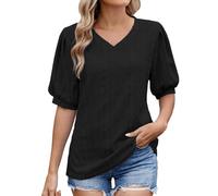 Camicetta da donna casual estiva con scollo a V e maniche a 3/4 con volant, 1b-nero, L
