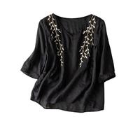 Camicetta da donna casual in cotone e lino ricamata, a maniche lunghe, estiva, a maniche corte, X4-navy, L