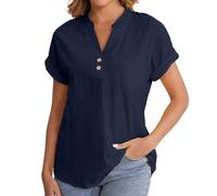 Camicetta da donna chic ed elegante camicia in lino e cotone da donna, camicette e camicette, casual, a maniche corte, tinta unita, con bottoni, traspirante, abbigliamento elegante, navy, 5XL