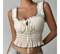 Camicetta da donna color block con orlo plissettato, di colore albicocca, adatta per appuntamenti romantici L,M,S,XSColore unicoChiffon