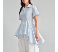 Camicetta da donna colore azzurro Morandi in tessuto confortevole, vita aderente, design a X con gonna ampia, volant, orlo asimmetrico corto davanti e lungo dietro, versatile per tutte le stagioni, st