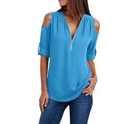 Camicetta da donna con bottoni, da donna, in chiffon, con chiusura lampo, a maniche lunghe, taglie forti, top a spalla fredda, casual, scollo a U, a maniche corte, BU1, 3XL